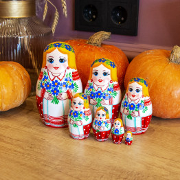 Belorussian Nesting Dolls in Folk Dress Set of 7 pcs- Cornflowers Flowers Decor