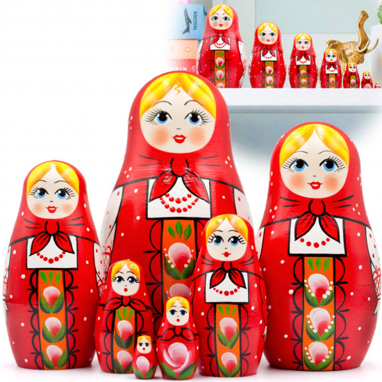Russian Dolls in Rainbow Sarafan Dress with Meadow Flowers Set of 7 pcs