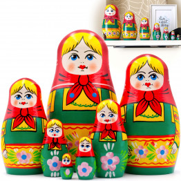 Matryoshka Doll in Hand Painted Red Head Scarf and Green Sundress - Set of 7 pcs