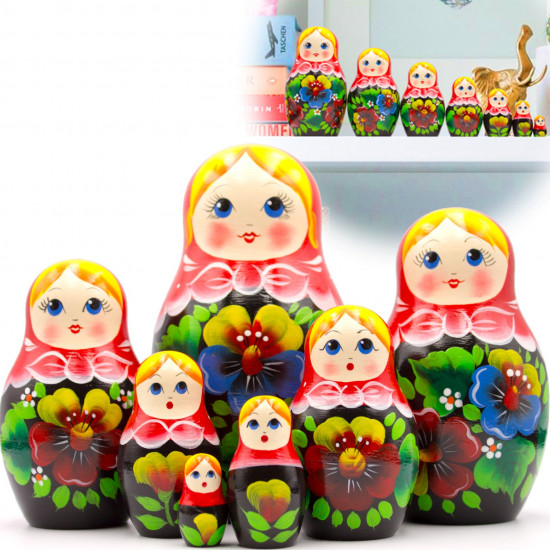 Matryoshka Dolls in Red Head Scarf and Sarafan Dress with Pansy Flowers Set of 7 Pcs