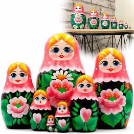 Matryoshka Doll in Pink Head Scarf and Sarafan Dress with Sakura Flower Set of 7 Pcs