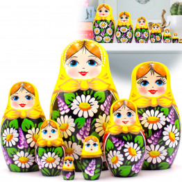 Russian Dolls in Sarafan Dress with Hand Painted Chamomile and Lilac Flowers Set of 7 pcs