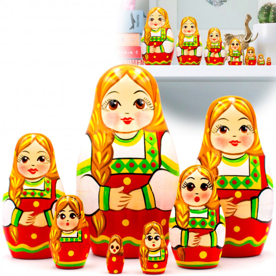 Matryoshka Doll in Slavic Traditional Dress with Ornaments Set of 7 pcs