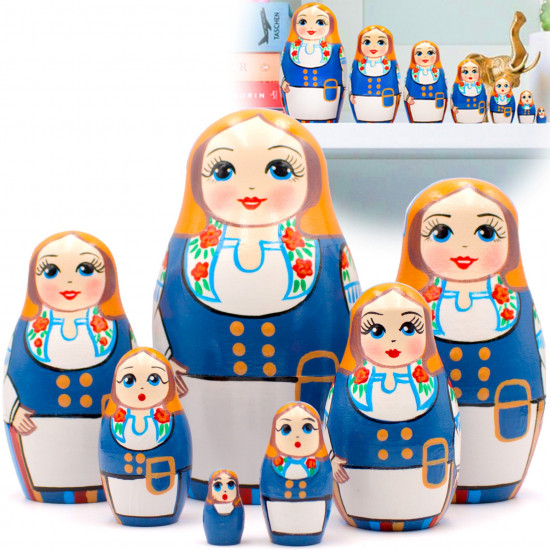 Hand Painted Nesting Dolls in Finnish Folk Costume Munsala Set of 7 Pcs