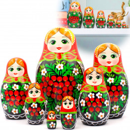 Russian Doll in Sarafan Dress with Rowan Branches and Chamomile Flowers Set of 7 pcs