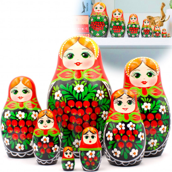  Russian Doll in Sarafan Dress with Rowan Branches and Chamomile Flowers Set of 7 pcs