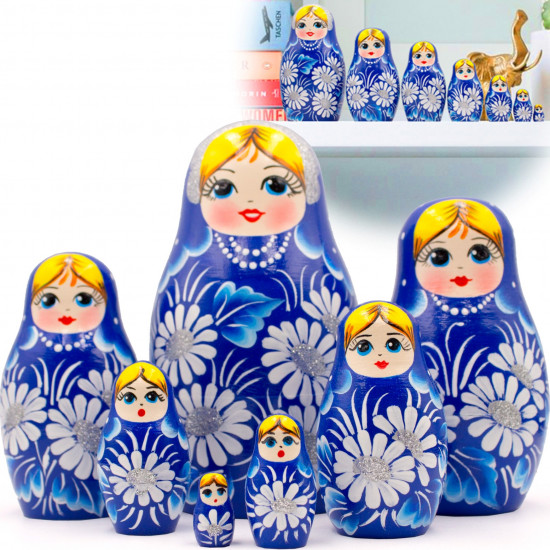 Matryoshka in Blue Outfit with Daisies