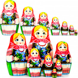 Belarusian matryoshka with blue cornflowers in folk dress with ornament set of 7 pieces