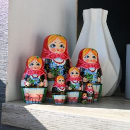 Belarusian matryoshka with blue cornflowers in folk dress with ornament set of 7 pieces