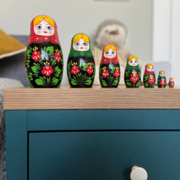 Vintage Style Russian Doll in Head Scarf with Hand Painted Flower Decor Set of 7 pcs