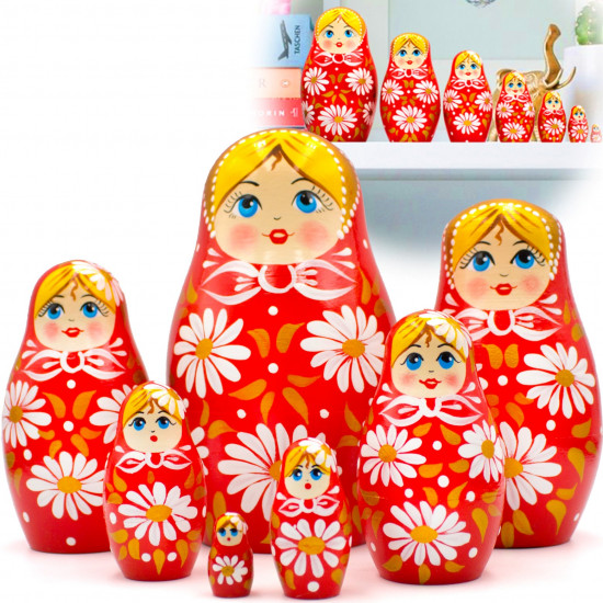 Red Hand Painted Traditional Russian Matryoshka Dolls Set 7 pcs - Baboushka Nesting Dolls