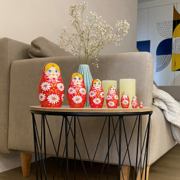 Red Hand Painted Traditional Russian Matryoshka Dolls Set 7 pcs - Baboushka Nesting Dolls