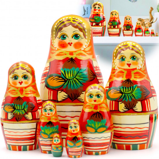 Matryoshka Nesting Dolls in Orange Dress and Head Scarf with Hazelnuts 7 Pcs