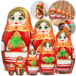 Matryoshka Nesting Dolls in Orange Dress and Head Scarf with Hazelnuts 7 Pcs