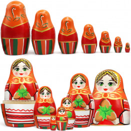 Matryoshka Nesting Dolls in Orange Dress and Head Scarf with Hazelnuts 7 Pcs