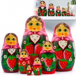 Russian Doll in Pink Head Scarf and Sarafan Dress with Hand Painted Strawberry Decorations 7 pcs