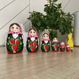 Russian Doll in Pink Head Scarf and Sarafan Dress with Hand Painted Strawberry Decorations 7 pcs