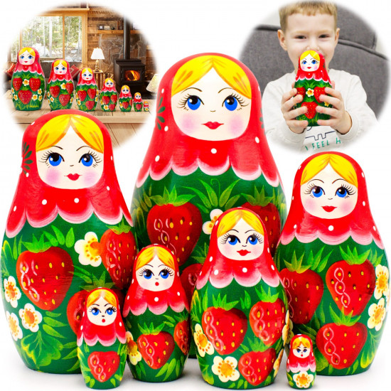 Traditional Russian Doll with Strawberry Pattern - Russian Nesting Dolls Set of 7 pcs 