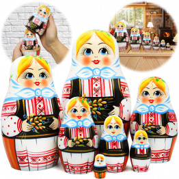Wooden Russian Matryoshka Doll in Folk Slavic Outfit with Spikelets Set 7 pcs