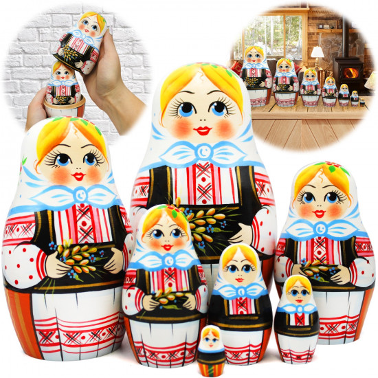 Wooden Russian Matryoshka Doll in Folk Slavic Outfit with Spikelets Set 7 pcs