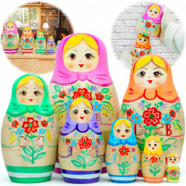 Matryoshka Dolls with Traditional Painting Set 7 pcs - Hand Crafted Russian Dolls with Flower Decorations