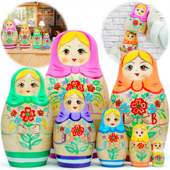 Matryoshka Dolls with Traditional Painting Set 7 pcs - Hand Crafted Russian Dolls with Flower Decorations
