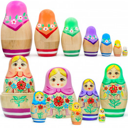 Matryoshka Dolls with Traditional Painting Set 7 pcs - Hand Crafted Russian Dolls with Flower Decorations