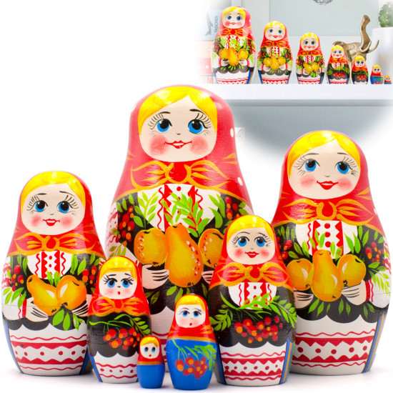 Nesting Dolls in Sarafan Dress with Folk Ornaments and Apples, Pears and Red Currant Set of 7 pcs