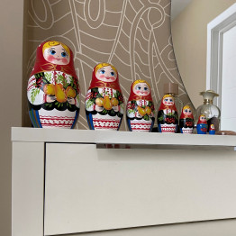 Nesting Dolls in Sarafan Dress with Folk Ornaments and Apples, Pears and Red Currant Set of 7 pcs