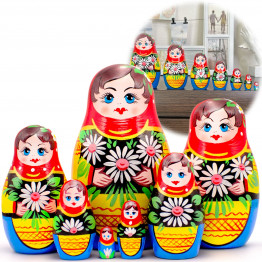 Matryoshka Doll in Red Head Kerchief and Daisy Flowers - Set of 7 pc