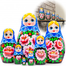 Handmade Nesting Dolls in a Sundress With Roses - Set of 7 Pcs