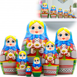 Matryoshka Doll in Belarussian Traditional Dress Set of 7 pcs - Russian Doll with Cornflowers, Spikelets and Chamomile Flowers