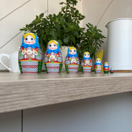 Matryoshka Doll in Belarussian Traditional Dress Set of 7 pcs - Russian Doll with Cornflowers, Spikelets and Chamomile Flowers