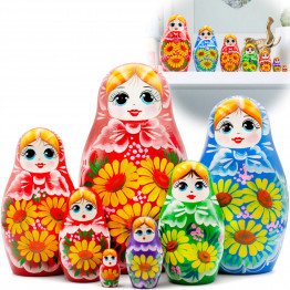 Nesting Dolls Set of 7 pcs - Colorful Matryoshka in Sarafan Dress with Hand Painted Yellow Gerberas