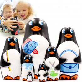 Russian Nesting Doll Family Penguins Set 7 Pcs - Hand-Painted Natural Wood Montessori Toy
