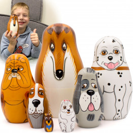 Wooden Nesting Dolls 7-Piece Dog Breeds Set Hand-Painted Natural Wood Montessori Animal Toy