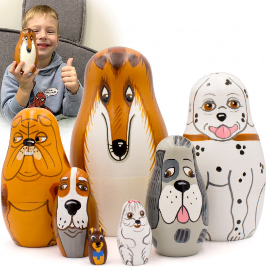 Wooden Nesting Dolls 7-Piece Dog Breeds Set Hand-Painted Natural Wood Montessori Animal Toy