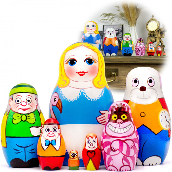 Alice in Wonderland Nesting Dolls Set 7 pcs - Russian Matryoshka Dolls - Alice in Wonderland Figure