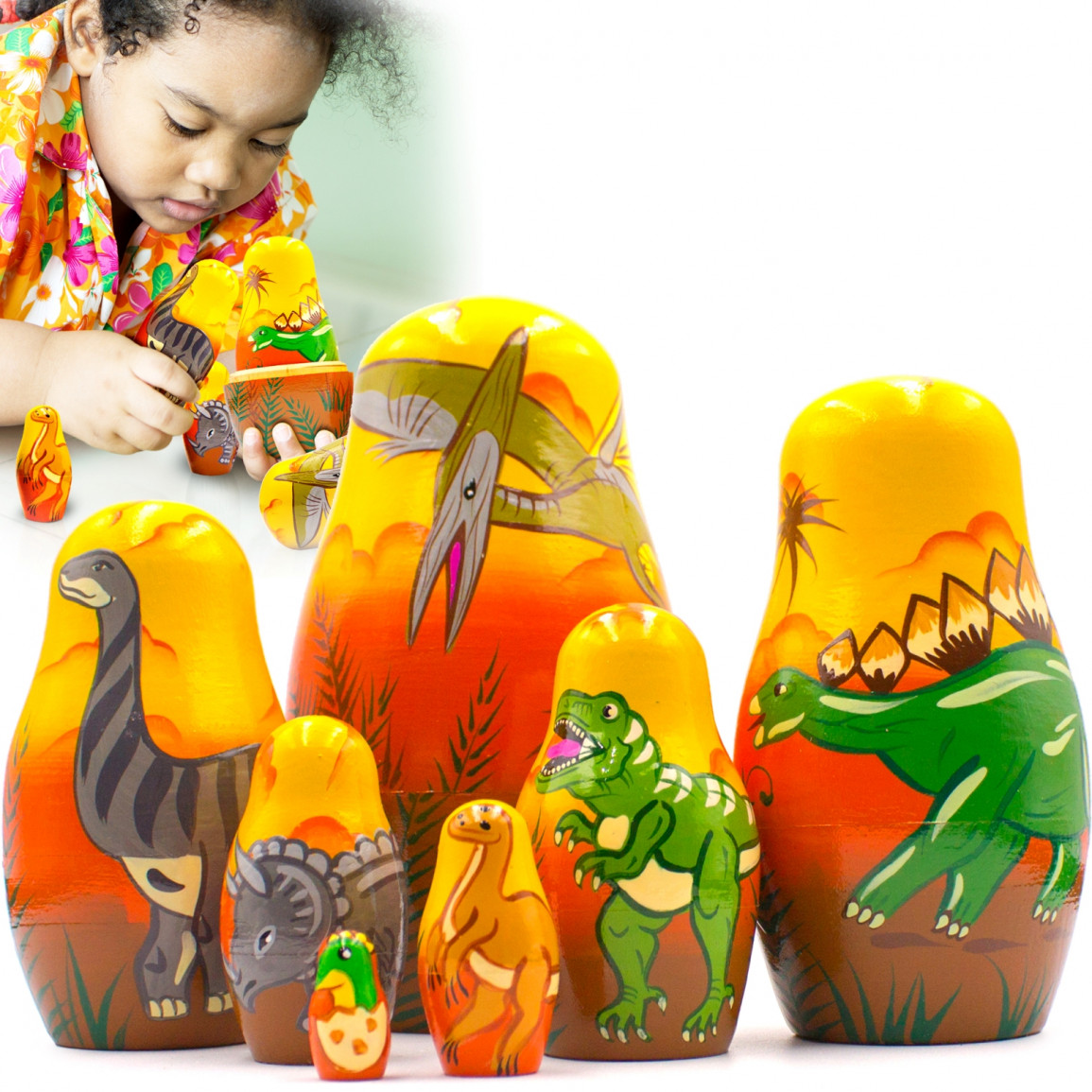 Dinosaur Nesting Dolls Set — Hand-Painted Wooden Figures for
