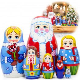 Christmas Nesting Doll Set – 7-Piece Hand-Painted Matryoshka Featuring Ded Moroz & Snegurochka