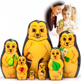 Hedgehog Wooden Nesting Dolls Set of 7 pcs -  Animal Decor - Russian Handmade Matryoshka Stacking Doll