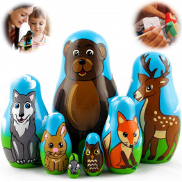 Wooden Nesting Dolls Forest Animals Set of 7 Pcs – Hand-Painted Eco Toy Made of Natural Wood 