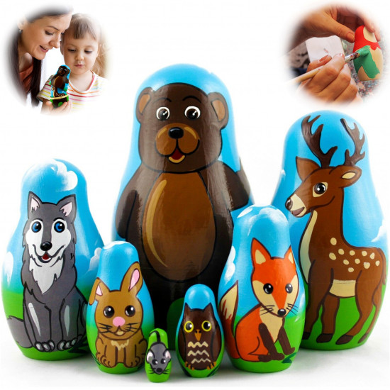Wooden Nesting Dolls Forest Animals Set of 7 Pcs – Hand-Painted Eco Toy Made of Natural Wood 