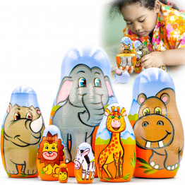 African Savanna Animals, 7 Pieces Wooden Nesting Dolls Set