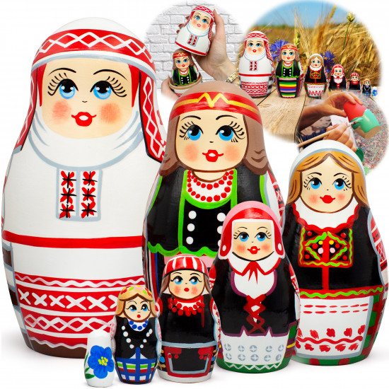 Collectible Nesting Dolls Set — Traditional Women's Costumes of Belarus 7 Pcs