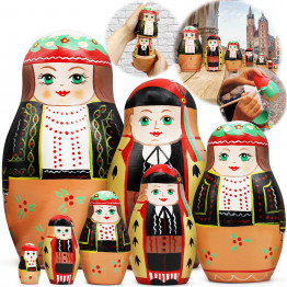 7pcs Polish Nesting Dolls Set - Handmade Russian Dolls in Traditional Polish Folk Krakow Attire with Ornament