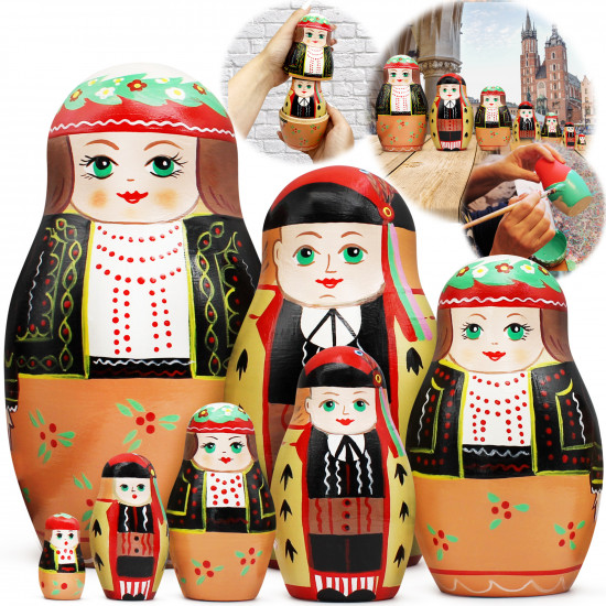 7pcs Polish Nesting Dolls Set - Handmade Russian Dolls in Traditional Polish Folk Krakow Attire with Ornament