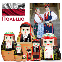 7pcs Polish Nesting Dolls Set - Handmade Russian Dolls in Traditional Polish Folk Krakow Attire with Ornament