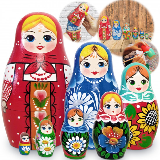 Hand Painted Wooden Nesting Dolls with Floral Design, Set of 7