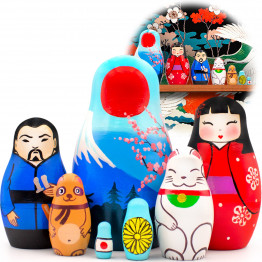 Japanese Nesting Dolls 2 Sets of 7 pcs - Wooden Kokeshi Dolls for Japanese Decor
